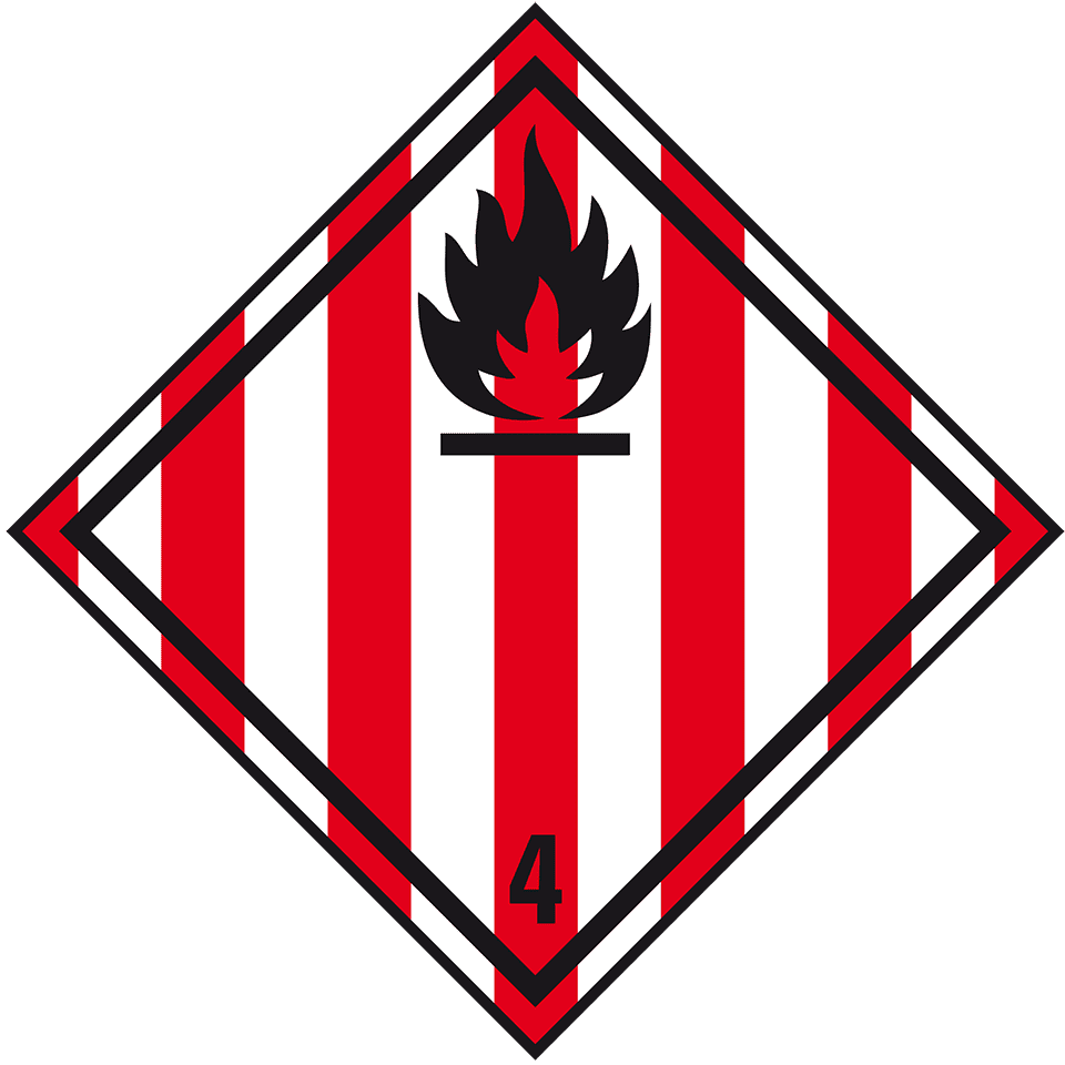 ADR klasse 4.1, brandbare vaste stoffen, vuur symbool, rood wit gestreept